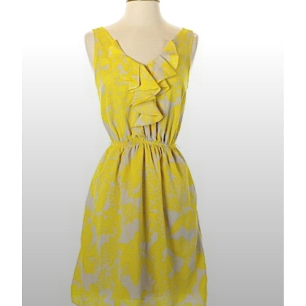 Express Womens Yellow Floral Ruffle V-Neck Sleeveless Fit & Flare Dress Small